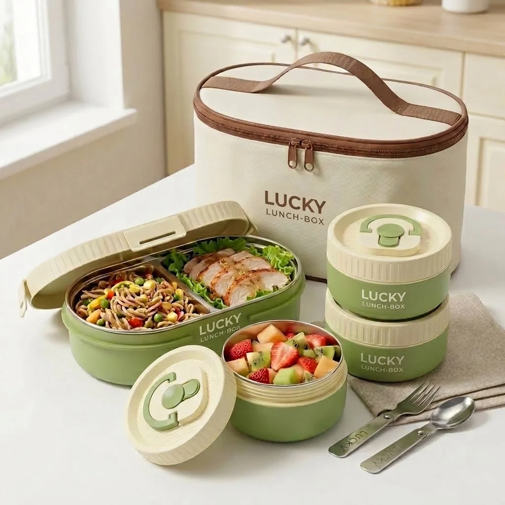Food Storage With Dividers - 304ステンレス製、取っ手付きの保温弁当箱。電子レンジ対応、仕切り付きで、お弁当の準備や食品の保存に便利。子供から大人まで、学校や普段使いに最適。