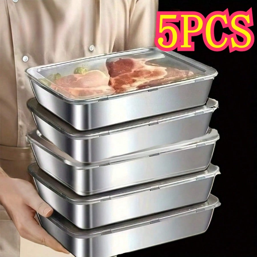 Food Storage Oven Safe - 高級感のある、液漏れしにくいステンレス製食品保存容器5個セット。410ステンレス鋼を使用し、耐久性に優れ、重ねて収納できる密閉蓋付き。サラダ、果物、肉、野菜などを新鮮に保ち、お手入れも簡単なモダンなデザイン。家庭用および業務用キッチンに最適。