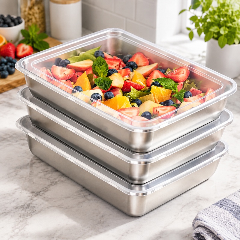 Food Storage Meals - 透明な蓋付きのステンレス製食品保存容器3点セット。漏れ防止設計で、キャンプや家庭でのキッチンでの使用に最適。